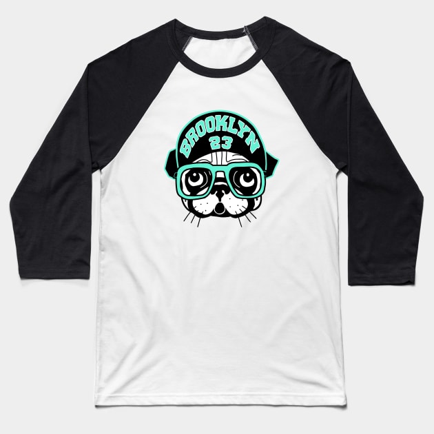 Brooklyn Spike Pug match Jordan Light Aqua Baseball T-Shirt by FireflyCreative